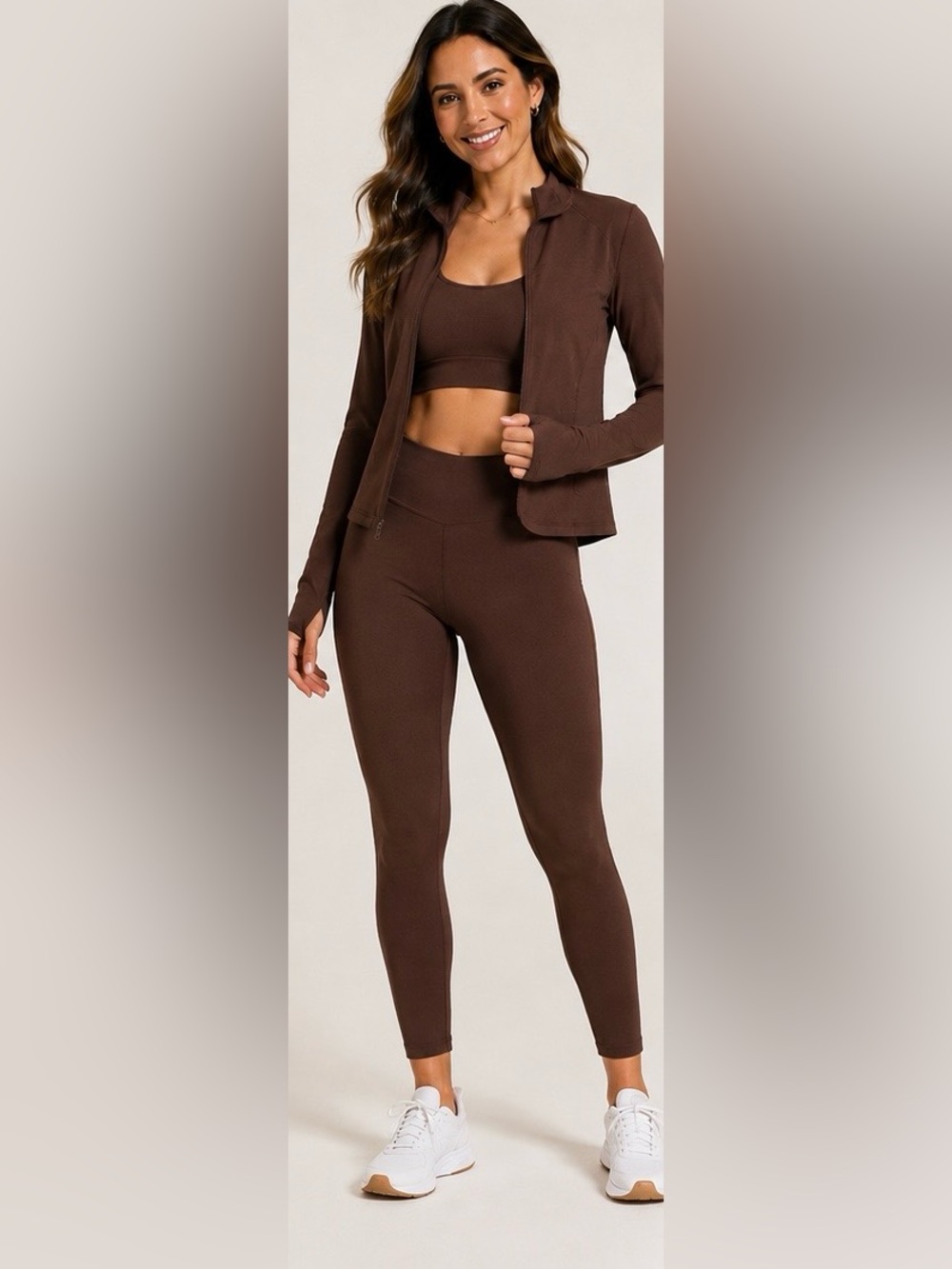 OTOS 3 Piece Seamless Activewear Set Brown Leggings Jacket Bra NWT